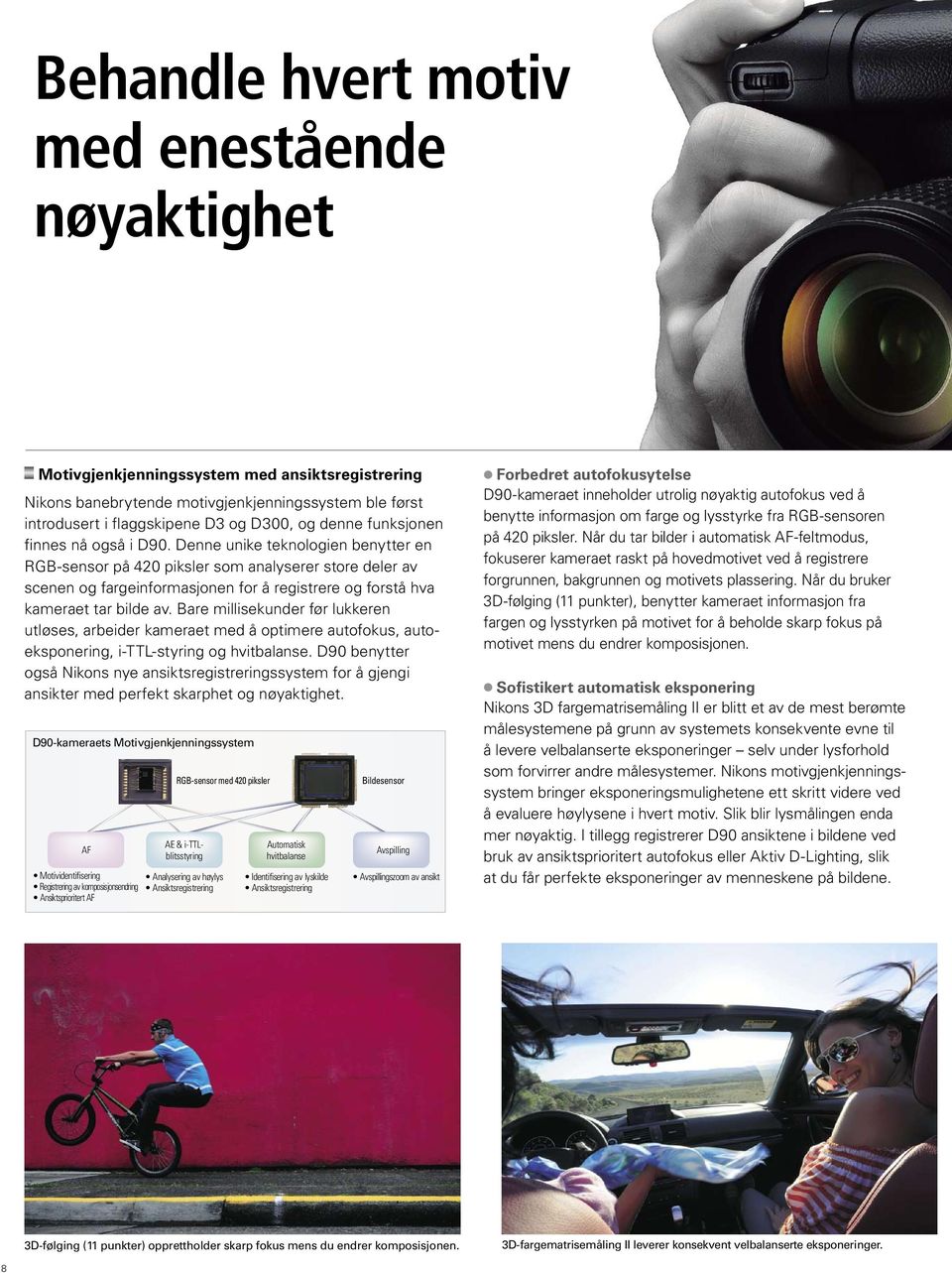 Denne unike teknologien benytter en RGB-sensor på 420 piksler som analyserer store deler av scenen og fargeinformasjonen for å registrere og forstå hva kameraet tar bilde av.