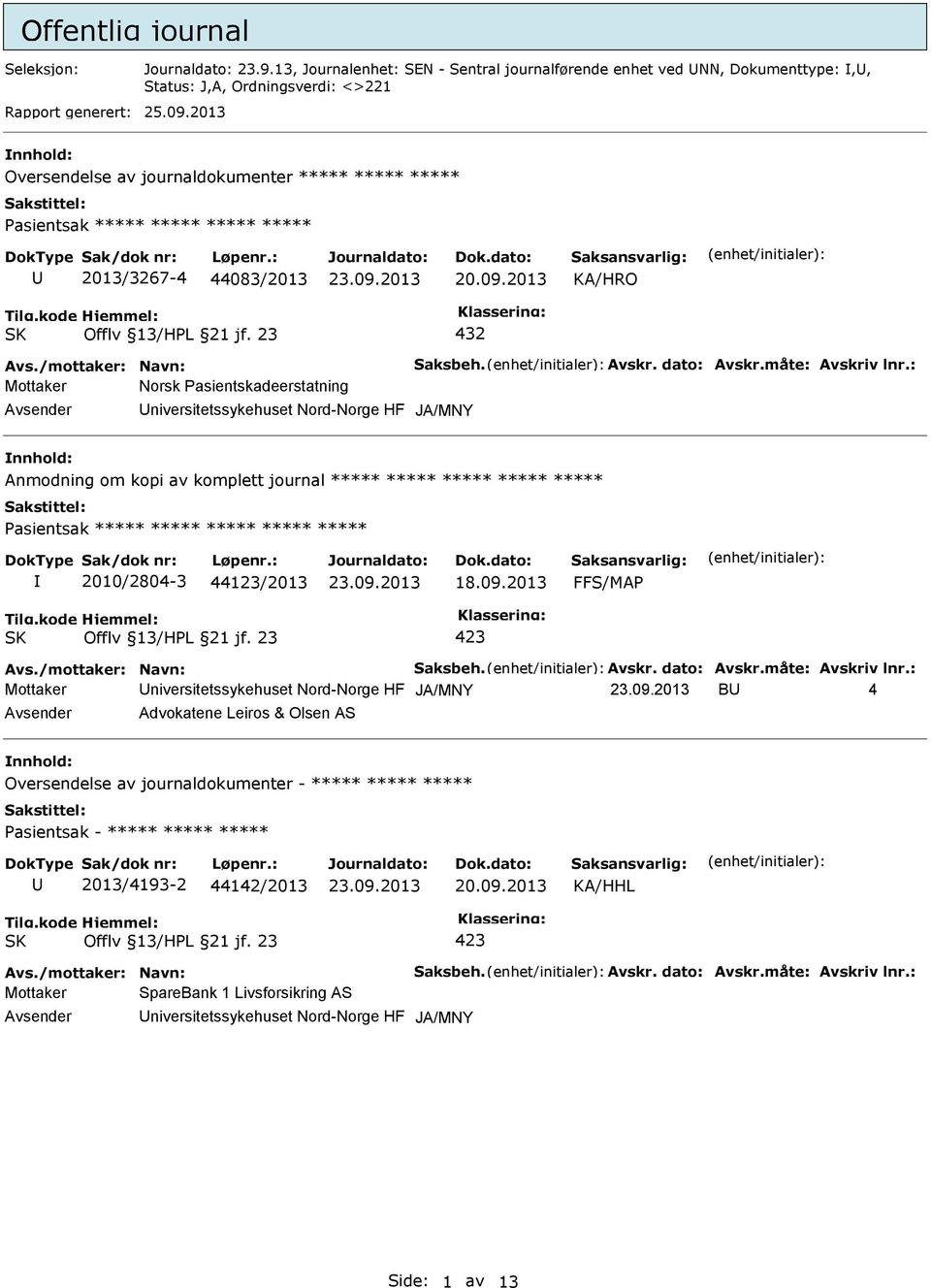 : Mottaker Norsk Pasientskadeerstatning Avsender niversitetssykehuset Nord-Norge HF JA/MNY nnhold: Anmodning om kopi av komplett journal ***** ***** ***** ***** ***** Pasientsak ***** ***** *****