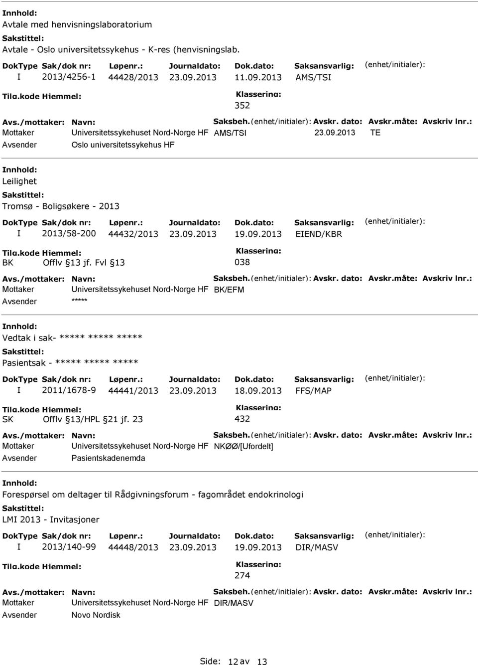 : Mottaker niversitetssykehuset Nord-Norge HF AMS/TS TE Avsender Oslo universitetssykehus HF nnhold: Leilighet Tromsø - Boligsøkere - 2013 2013/58-200 44432/2013 EEND/KBR BK Offlv 13 jf.