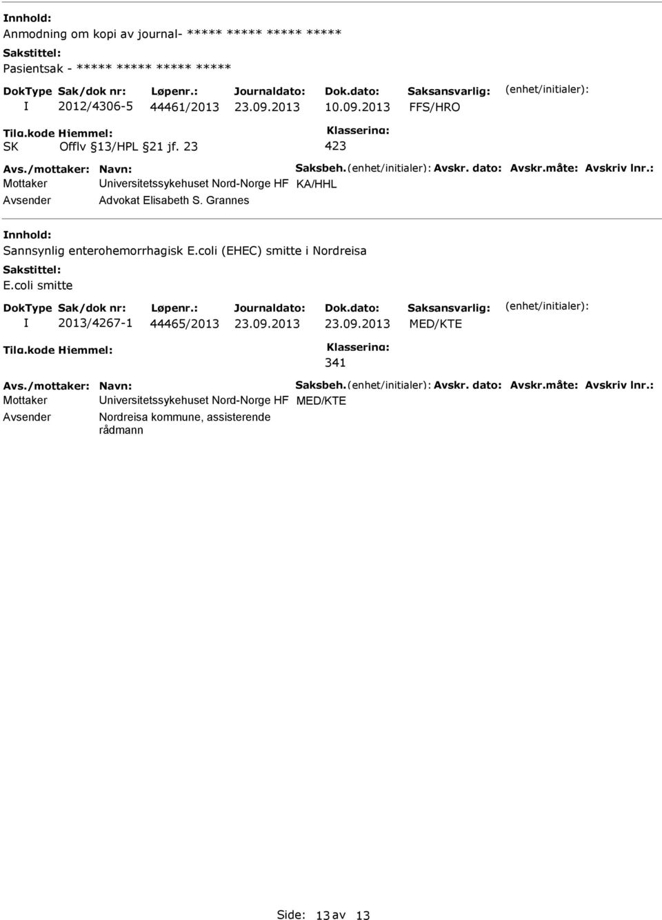 Grannes nnhold: Sannsynlig enterohemorrhagisk E.coli (EHEC) smitte i Nordreisa E.coli smitte 2013/4267-1 44465/2013 MED/KTE 341 Avs.