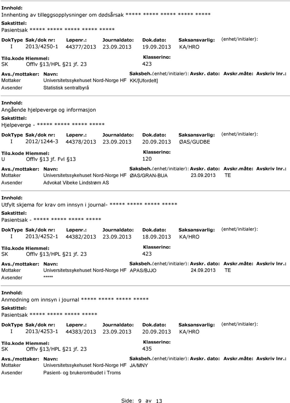 : Mottaker niversitetssykehuset Nord-Norge HF KK/[fordelt] Avsender Statistisk sentralbyrå nnhold: Angående hjelpeverge og informasjon Hjelpeverge - ***** ***** ***** ***** 2012/1244-3 44378/2013