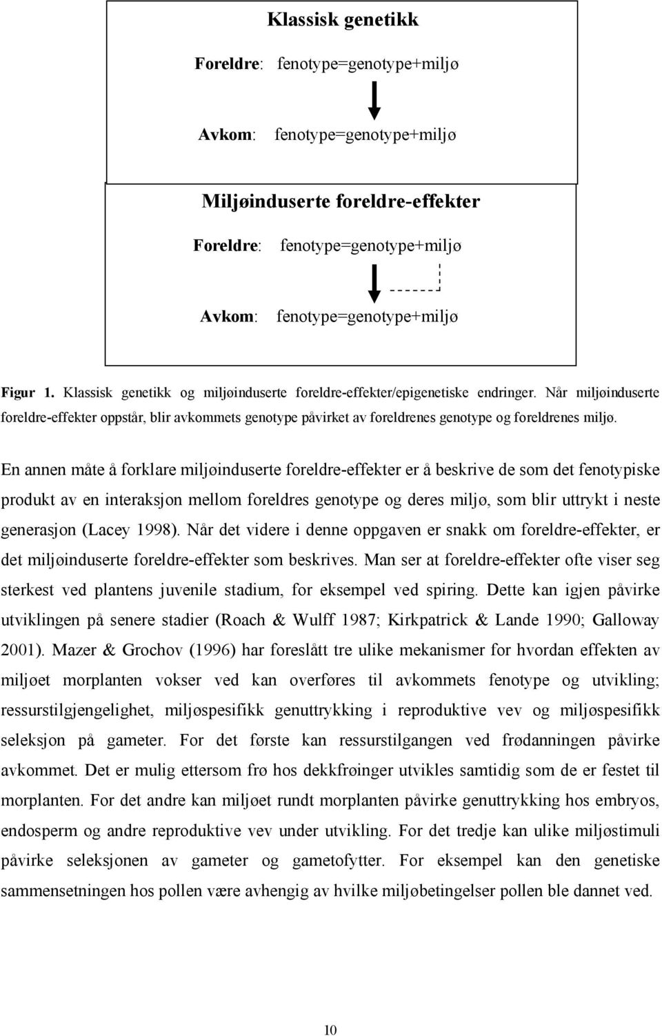 Når miljøinduserte foreldre-effekter oppstår, blir avkommets genotype påvirket av foreldrenes genotype og foreldrenes miljø.