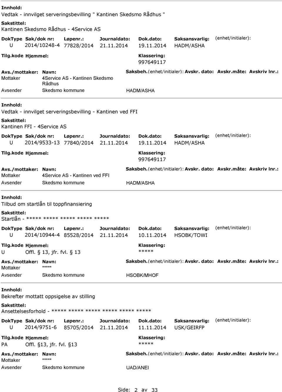 4Service S - Kantinen ved FF HDM/SH Tilbud om startlån til toppfinansiering Startlån - 2014/10944-4 85528/2014 10.11.2014 HSOBK/TOW Offl. 13, jfr. fvl.