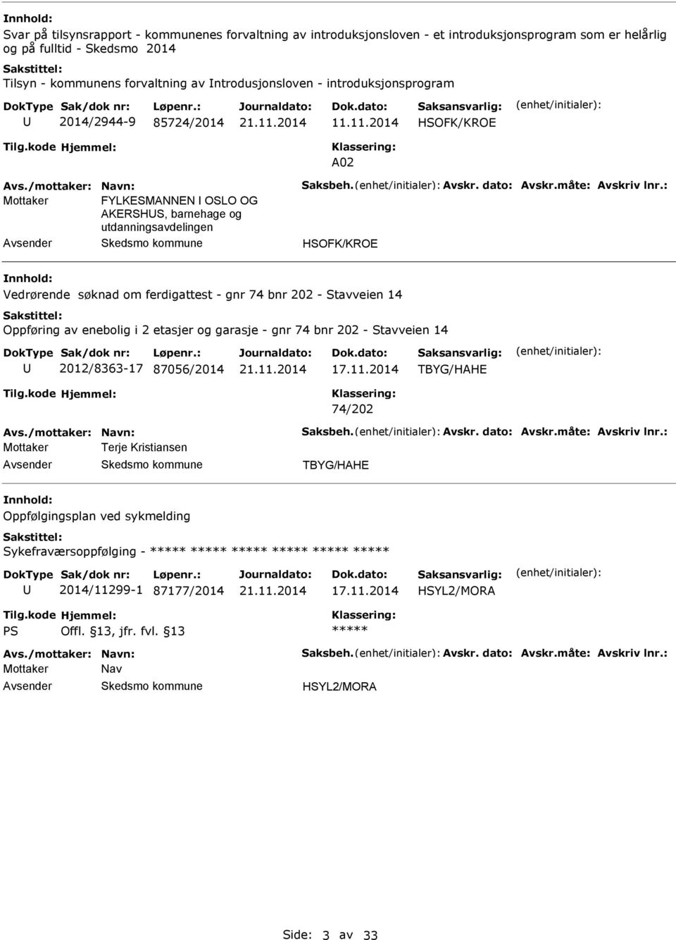 11.2014 HSOFK/KROE 02 Mottaker FYLKESMNNEN OSLO OG KERSHS, barnehage og utdanningsavdelingen HSOFK/KROE Vedrørende søknad om ferdigattest - gnr 74 bnr 202 - Stavveien 14 Oppføring av