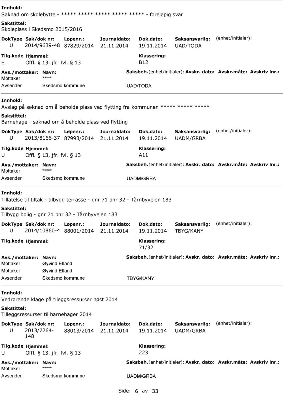 fvl. 13 11 Mottaker DM/GRB Tillatelse til tiltak - tilbygg terrasse - gnr 71 bnr 32 - Tårnbyveien 183 Tilbygg bolig - gnr 71 bnr 32 - Tårnbyveien 183 2014/10860-4 88001/2014