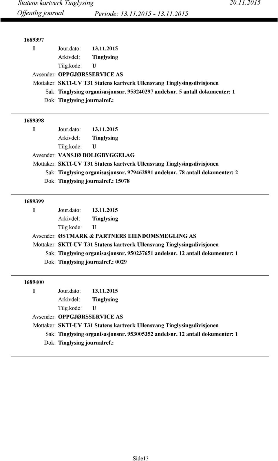 78 antall dokumenter: 2 Dok: journalref.: 15078 1689399 Avsender: ØSTMARK & PARTNERS EIENDOMSMEGLING AS organisasjonsnr.