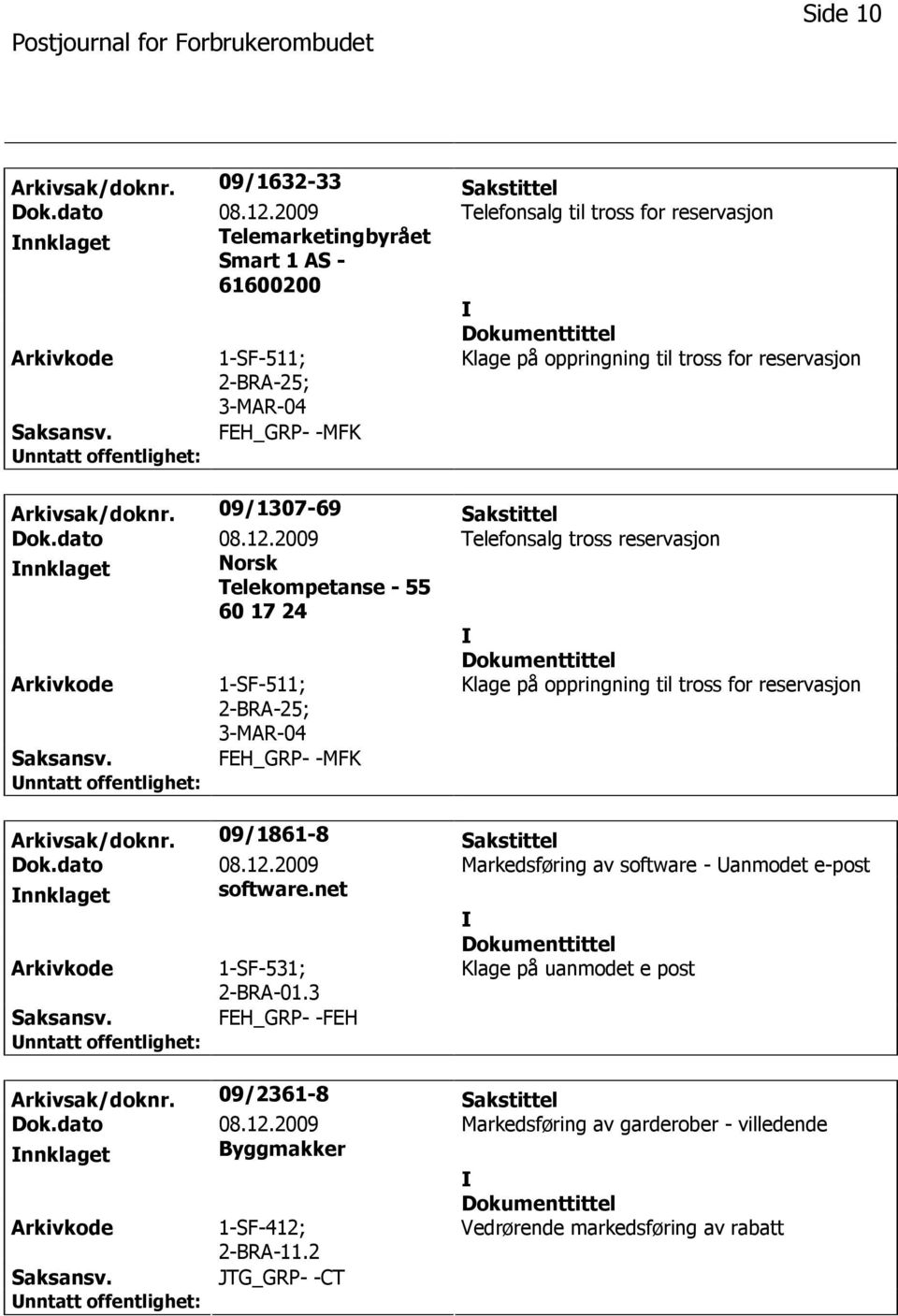 2009 Telefonsalg tross reservasjon nnklaget Norsk Telekompetanse - 55 60 17 24 ; FEH_GRP- -MFK Arkivsak/doknr. 09/1861-8 Sakstittel Dok.dato 08.12.