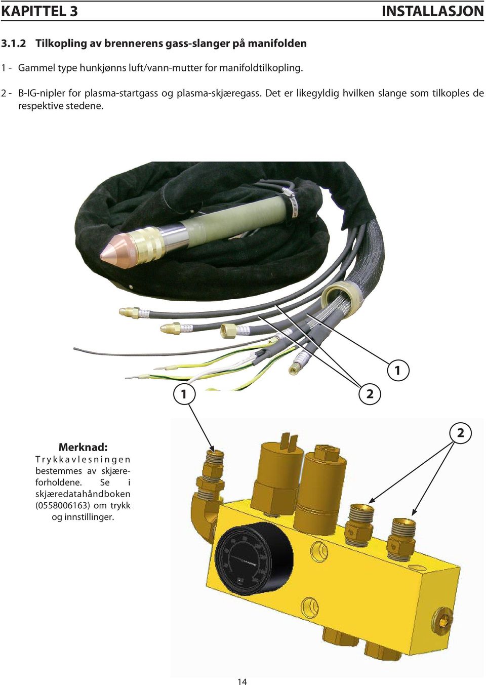 manifoldtilkopling. 2 - B-IG-nipler for plasma-startgass og plasma-skjæregass.