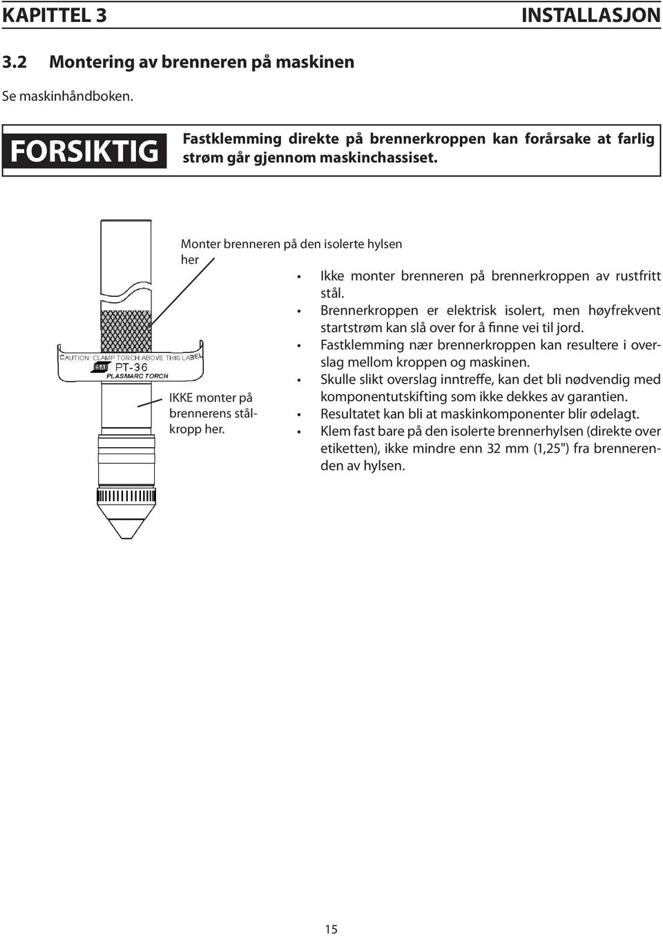 Brennerkroppen er elektrisk isolert, men høyfrekvent startstrøm kan slå over for å finne vei til jord. Fastklemming nær brennerkroppen kan resultere i overslag mellom kroppen og maskinen.