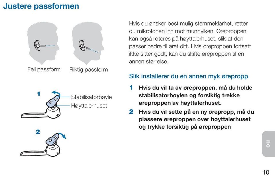 Hvis øreproppen fortsatt ikke sitter godt, kan du skifte øreproppen til en annen størrelse.