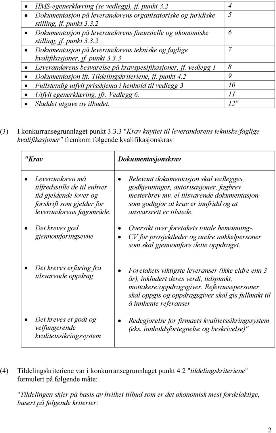 Tildelingskriteriene, jf. punkt 4.2 9 Fullstendig utfylt prisskjema i henhold til vedlegg 3 10 Utfylt egenerklæring, jfr. Vedlegg 6. 11 Sladdet utgave av ilbudet.