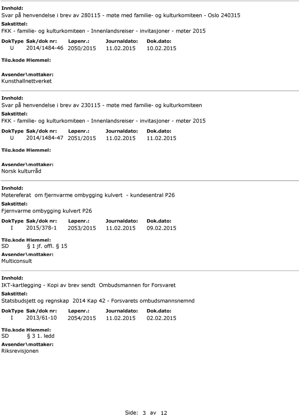 2051/2015 Norsk kulturråd Møtereferat om fjernvarme ombygging kulvert - kundesentral P26 Fjernvarme ombygging kulvert P26 2015/378-1 2053/2015 1 jf. offl. 15 Multiconsult 09.02.