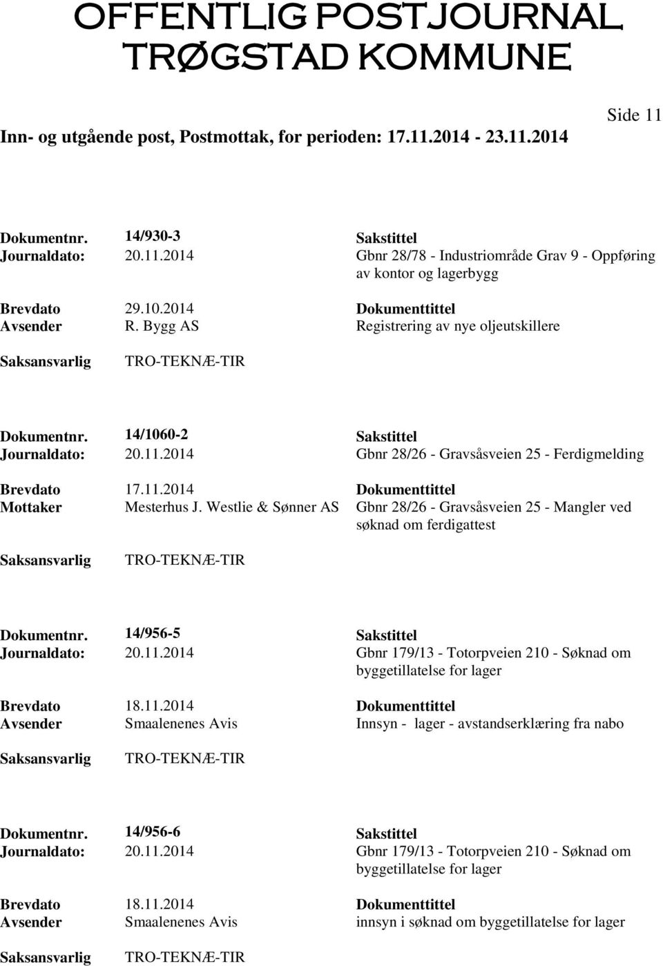 Westlie & Sønner AS Gbnr 28/26 - Gravsåsveien 25 - Mangler ved søknad om ferdigattest Dokumentnr. 14/956-5 Sakstittel Journaldato: 20.11.