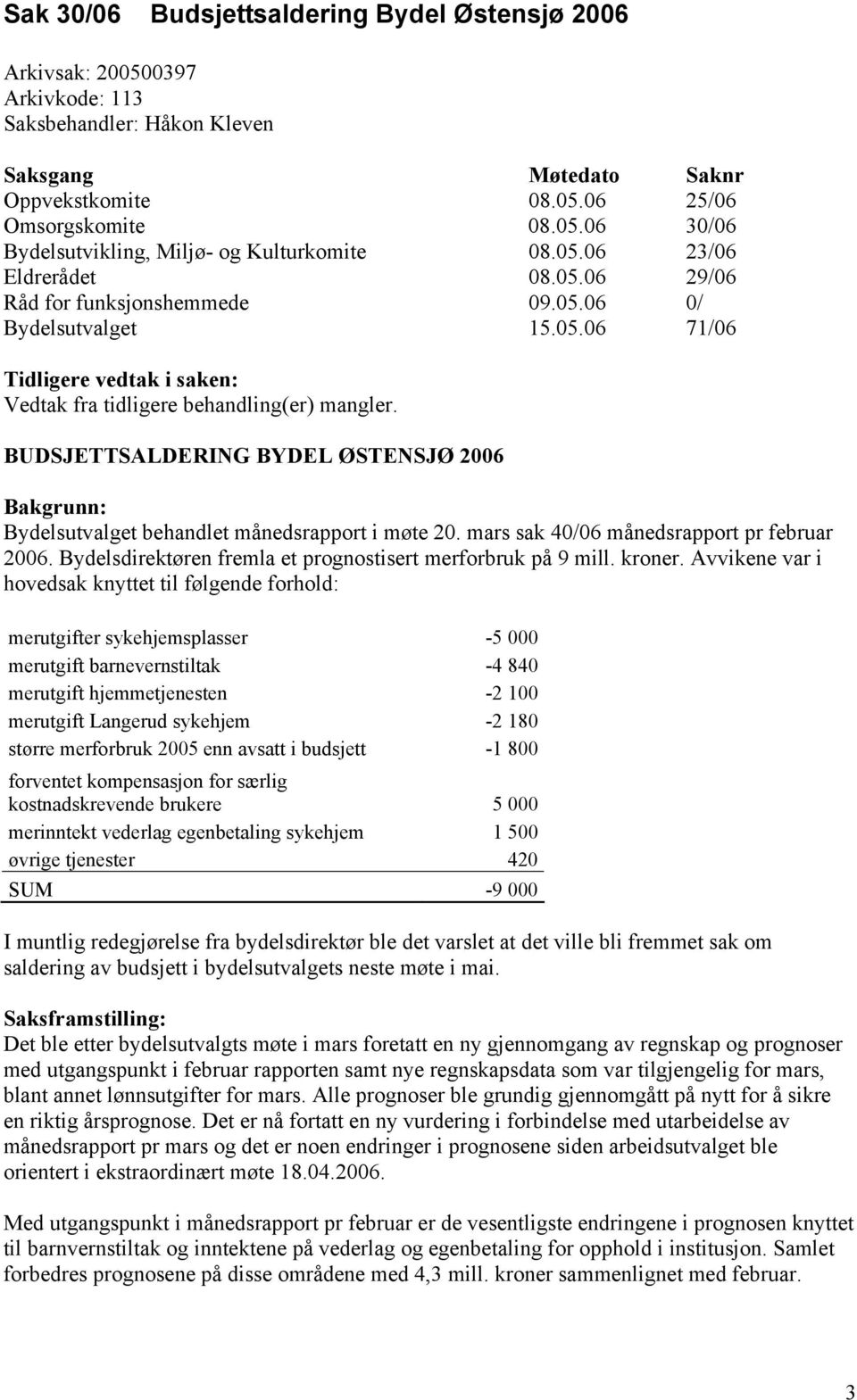 BUDSJETTSALDERING BYDEL ØSTENSJØ 2006 Bakgrunn: Bydelsutvalget behandlet månedsrapport i møte 20. mars sak 40/06 månedsrapport pr februar 2006.