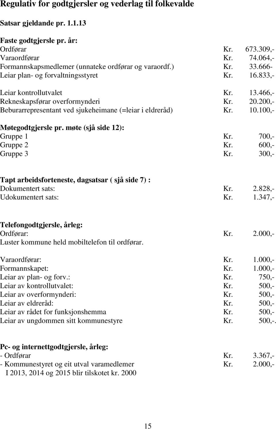 200,- Beburarrepresentant ved sjukeheimane (=leiar i eldreråd) Kr. 10.100,- Møtegodtgjersle pr. møte (sjå side 12): Gruppe 1 Kr. 700,- Gruppe 2 Kr. 600,- Gruppe 3 Kr.