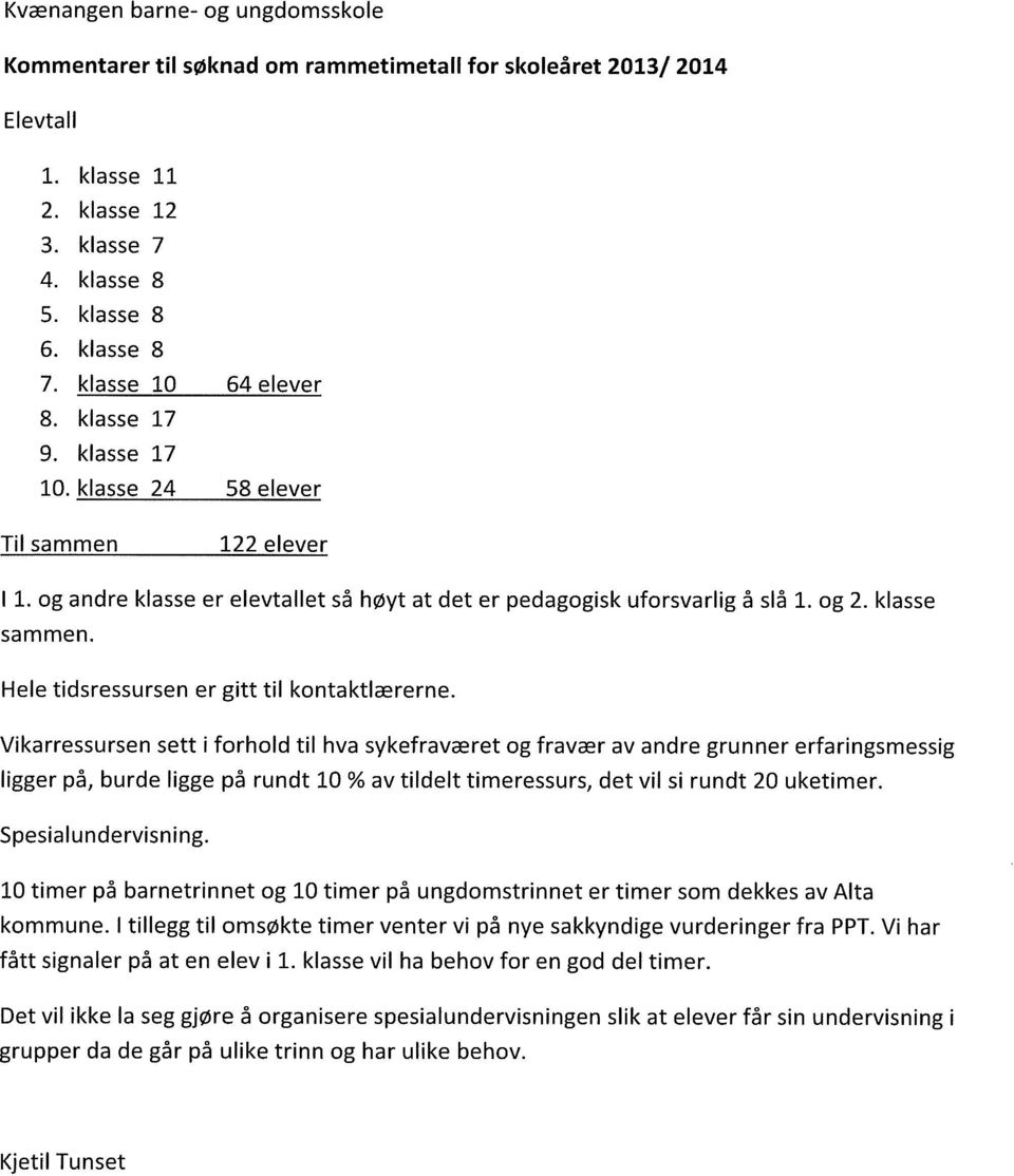 Vikarressursen sett i forhold til hva sykefraværet og fravær av andre grunner erfaringsmessig ligger på, burde ligge på rundt 10 % av tildelt timeressurs, det vil si rundt 20 uketimer.