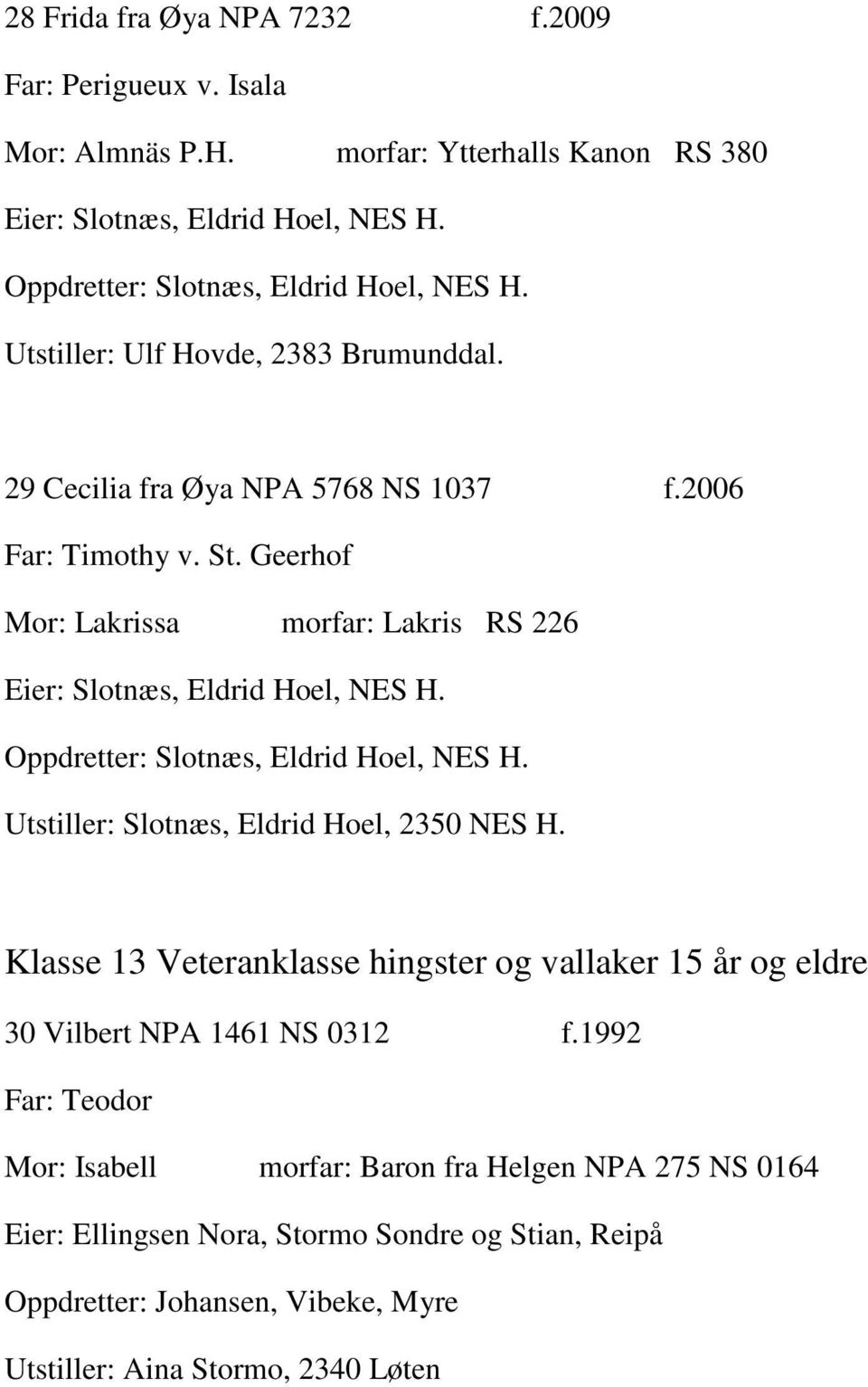 Oppdretter: Slotnæs, Eldrid Hoel, NES H. Utstiller: Slotnæs, Eldrid Hoel, 2350 NES H. Klasse 13 Veteranklasse hingster og vallaker 15 år og eldre 30 Vilbert NPA 1461 NS 0312 f.