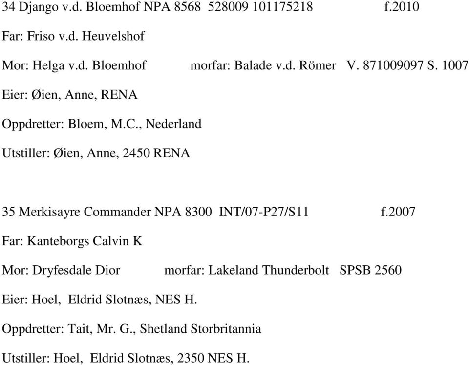 , Nederland Utstiller: Øien, Anne, 2450 RENA 35 Merkisayre Commander NPA 8300 INT/07-P27/S11 f.