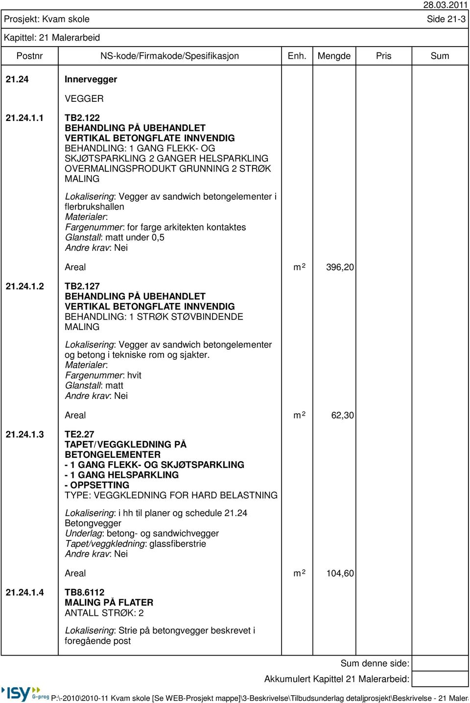 sandwich betongelementer i flerbrukshallen Materialer: Fargenummer: for farge arkitekten kontaktes Glanstall: matt under 0,5 Areal m 2 396,20 21.24.1.2 TB2.