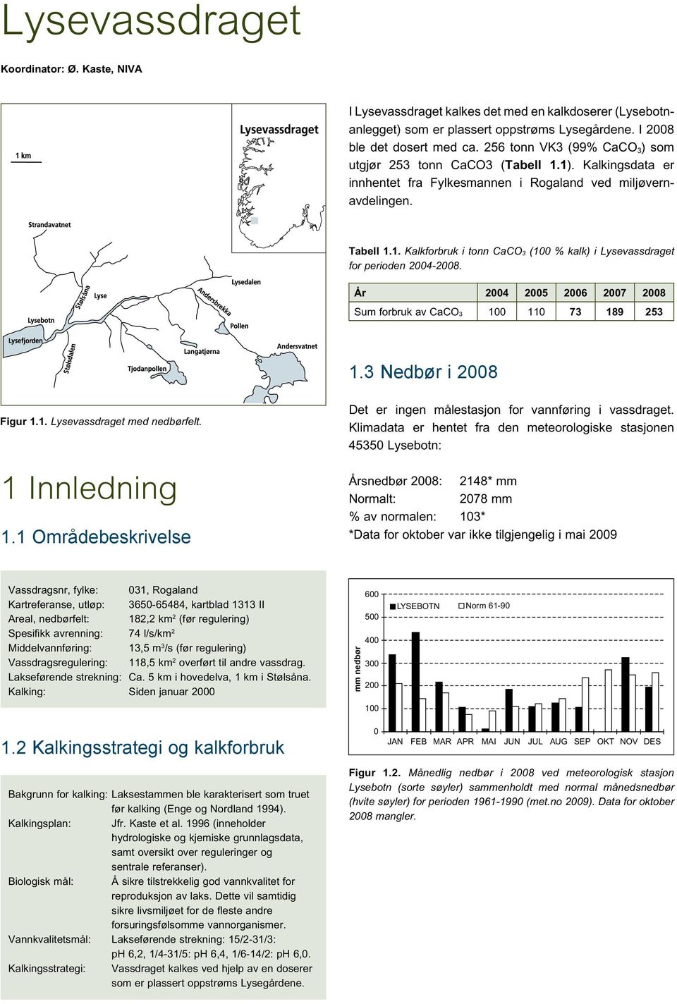 År 24 25 26 27 28 Sum forbruk av CaCO 3 1 11 73 189 253 1.3 Nedbør i 28 Figur 1.1. Lysevassdraget med nedbørfelt. 1 Innledning 1.