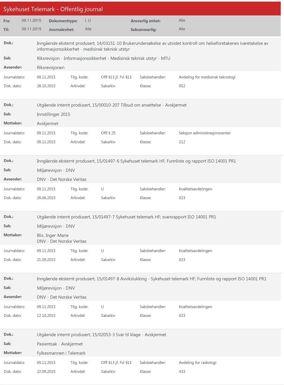 2015 Arkivdel: Sakarkiv 052 tgående internt produsert, 15/00010-207 Tilbud om ansettelse - Innstillinger 2015 Offl 25 212 Inngående eksternt produsert, 15/01497-6 Sykehuset telemark HF; Funnliste og