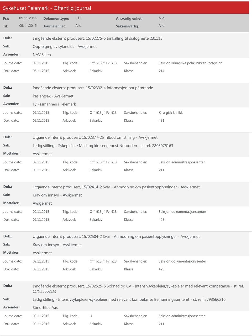 2015 Arkivdel: Sakarkiv 214 Inngående eksternt produsert, 15/02332-4 Informasjon om pårørende Pasientsak - Fylkesmannen i Telemark Kirurgisk klinikk 431 tgående internt produsert, 15/02377-25 Tilbud