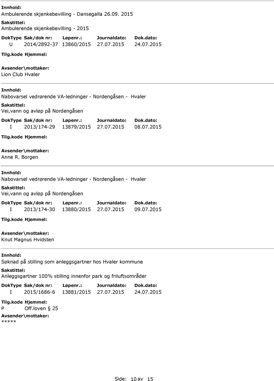 2015 Anne R. Borgen Nabovarsel vedrørende VA-ledninger - Nordengåsen - Hvaler Vei,vann og avløp på Nordengåsen 2013/174-30 13880/2015 09.07.