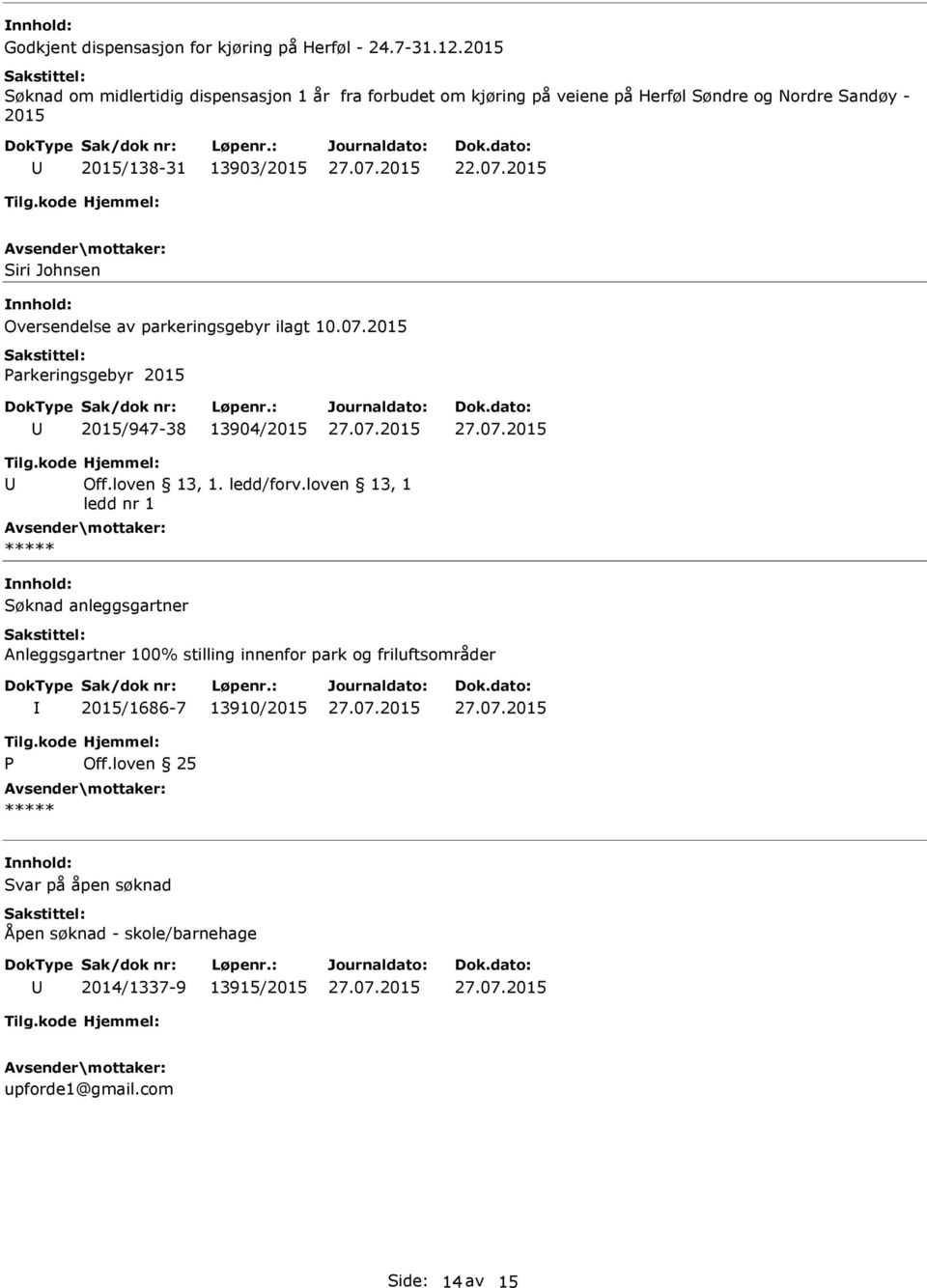 2015 Siri Johnsen Oversendelse av parkeringsgebyr ilagt 10.07.2015 Parkeringsgebyr 2015 2015/947-38 13904/2015 Off.loven 13, 1. ledd/forv.