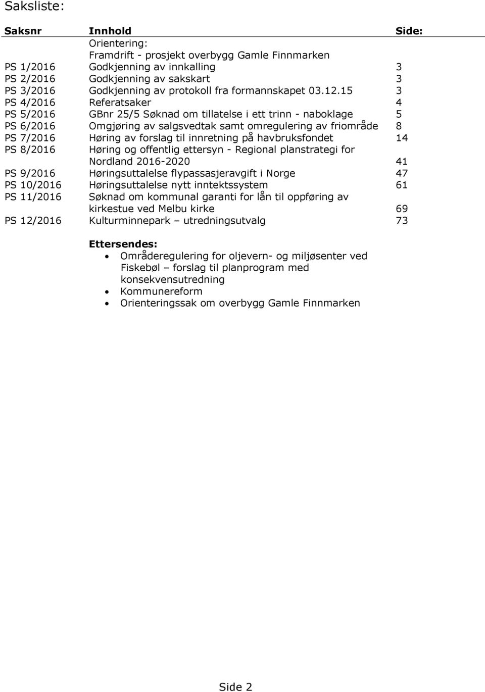 15 3 PS 4/2016 Referatsaker 4 PS 5/2016 GBnr 25/5 Søknad om tillatelse i ett trinn - naboklage 5 PS 6/2016 Omgjøring av salgsvedtak samt omregulering av friområde 8 PS 7/2016 Høring av forslag til