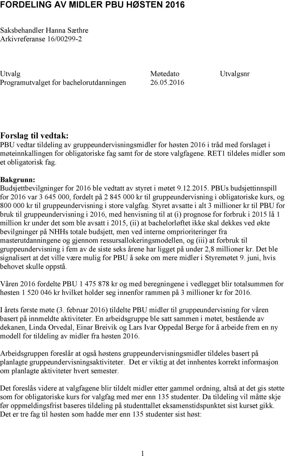 RET1 tildeles midler som et obligatorisk fag. Bakgrunn: Budsjettbevilgninger for 2016 ble vedtatt av styret i møtet 9.12.2015.