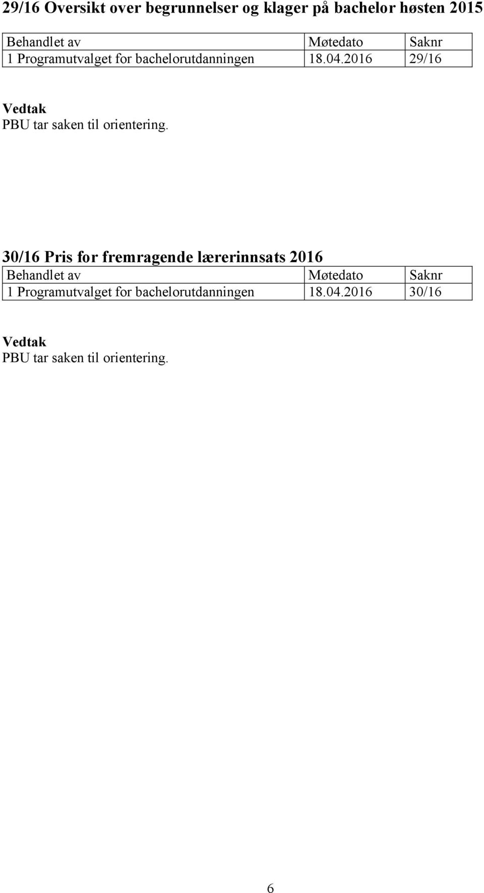 2016 29/16 Vedtak PBU tar saken til orientering.