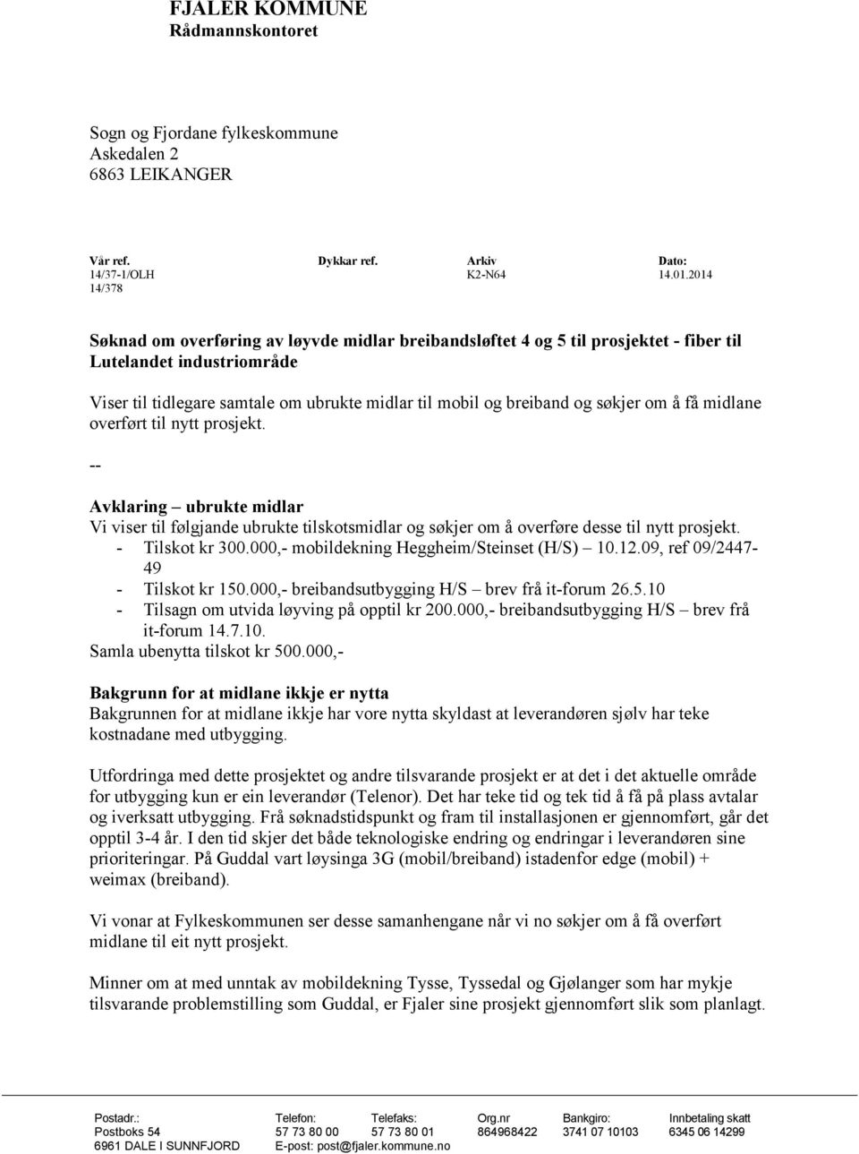 søkjer om å få midlane overført til nytt prosjekt. -- Avklaring ubrukte midlar Vi viser til følgjande ubrukte tilskotsmidlar og søkjer om å overføre desse til nytt prosjekt. - Tilskot kr 300.