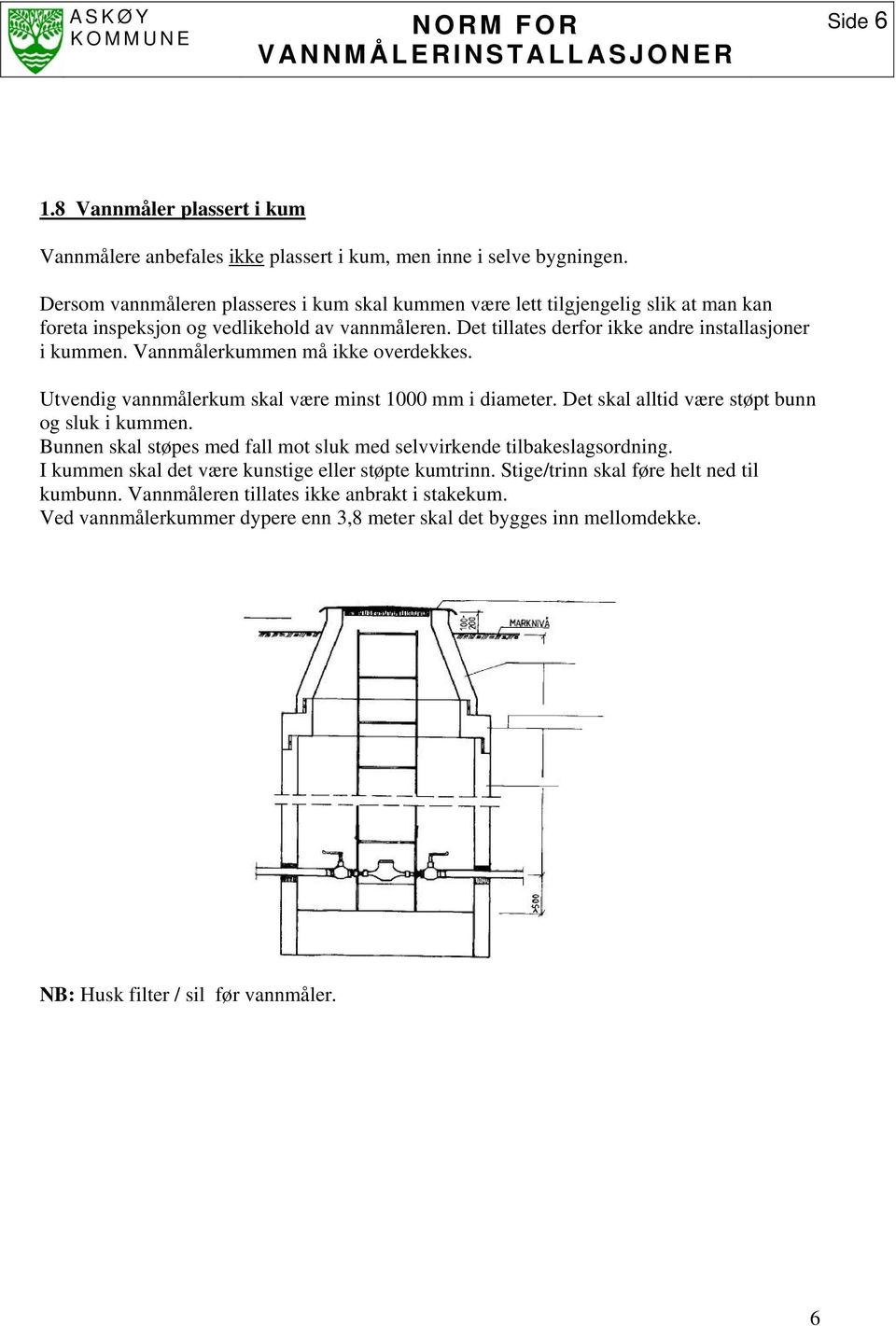 Vannmålerkummen må ikke overdekkes. Utvendig vannmålerkum skal være minst 1000 mm i diameter. Det skal alltid være støpt bunn og sluk i kummen.
