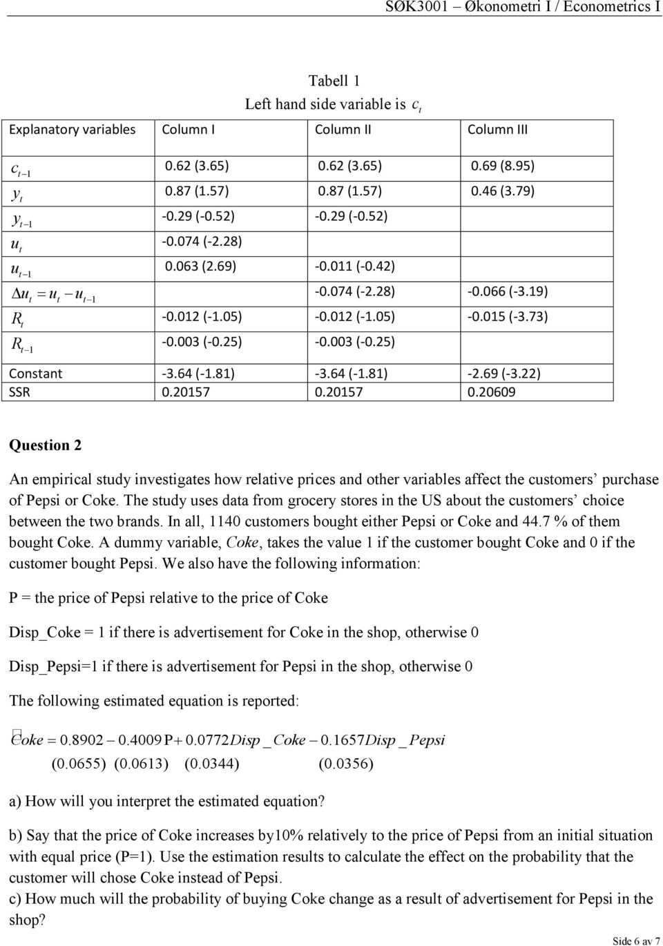 64 (-1.81) -3.64 (-1.81) -2.69 (-3.22) SSR 0.20157 0.20157 0.20609 Quesion 2 An empirical sudy invesigaes how relaive prices and oher variables affec he cusomers purchase of Pepsi or Coke.