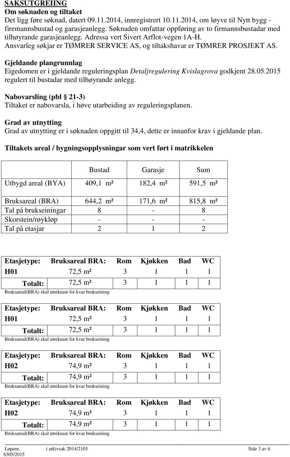 Gjeldande plangrunnlag Eigedomen er i gjeldande reguleringsplan Detaljregulering Kvislagrova godkjent 28.05.2015 regulert til bustadar med tilhøyrande anlegg.