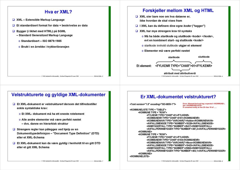 en årrekke i trykkeribransjen Forskjeller mellom XML og HTML XML sier bare noe om hva dataene er, ikke hvordan de skal vises fram I XML kan du definere dine egne koder ( tagger ) XML har mye