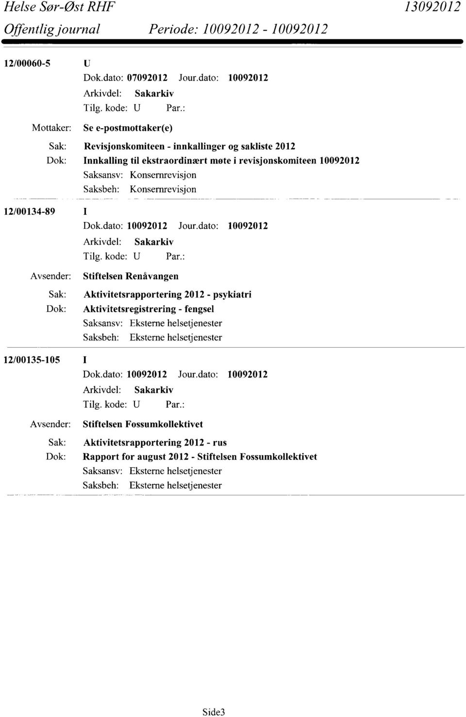 Saksansv: Saksbeh: Konsernrevisjon Konsernrevisjon 12/00134-89 Sak: Dok: Stiftelsen Renåvangen Aktivitetsrapportering 2012 - psykiatri Aktivitetsregistrering - fengsel