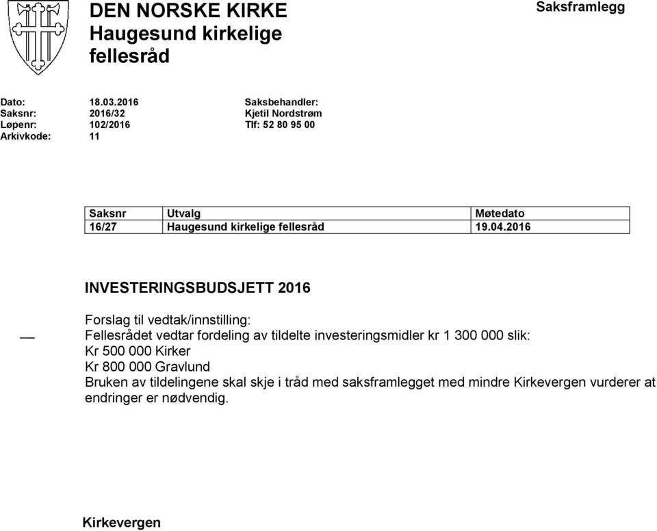 04.2016 INVESTERINGSBUDSJETT 2016 Forslag til vedtak/innstilling: Fellesrådet vedtar fordeling av tildelte investeringsmidler kr 1 300