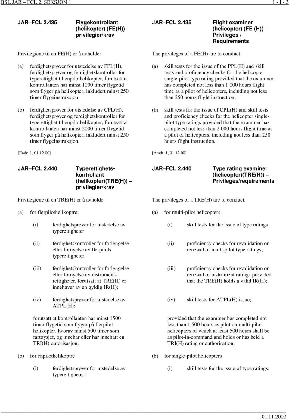 ferdighetsprøver og ferdighetskontroller for typerettighet til enpilothelikopter, forutsatt at kontrollanten har minst 1000 timer flygetid som flyger på helikopter, inkludert minst 250 timer