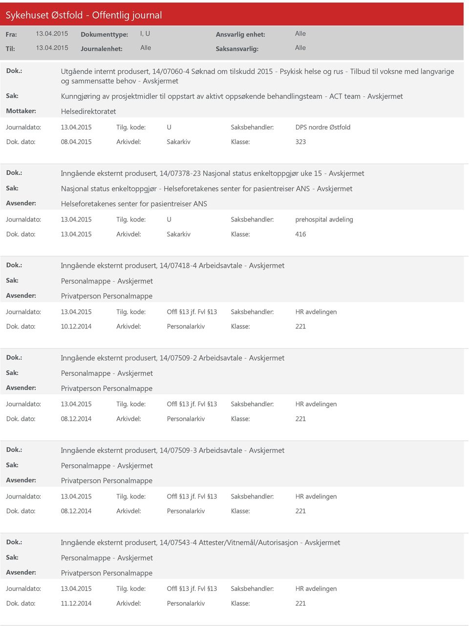 2015 Arkivdel: Sakarkiv 323 Inngående eksternt produsert, 14/07378-23 Nasjonal status enkeltoppgjør uke 15 - Nasjonal status enkeltoppgjør - Helseforetakenes senter for pasientreiser ANS -