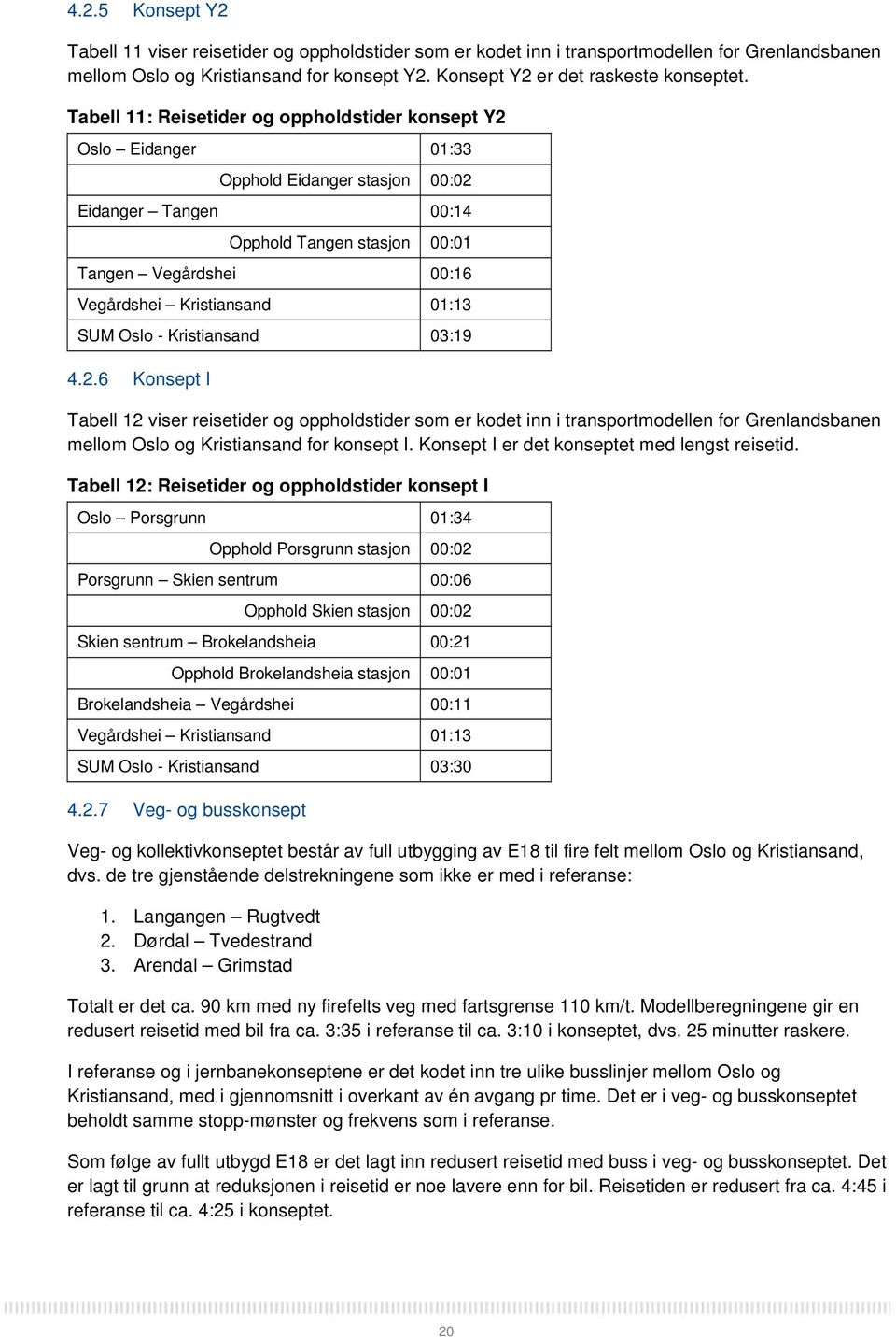 01:13 SUM Oslo - Kristiansand 03:19 4.2.6 Konsept I Tabell 12 viser reisetider og oppholdstider som er kodet inn i transportmodellen for Grenlandsbanen mellom Oslo og Kristiansand for konsept I.