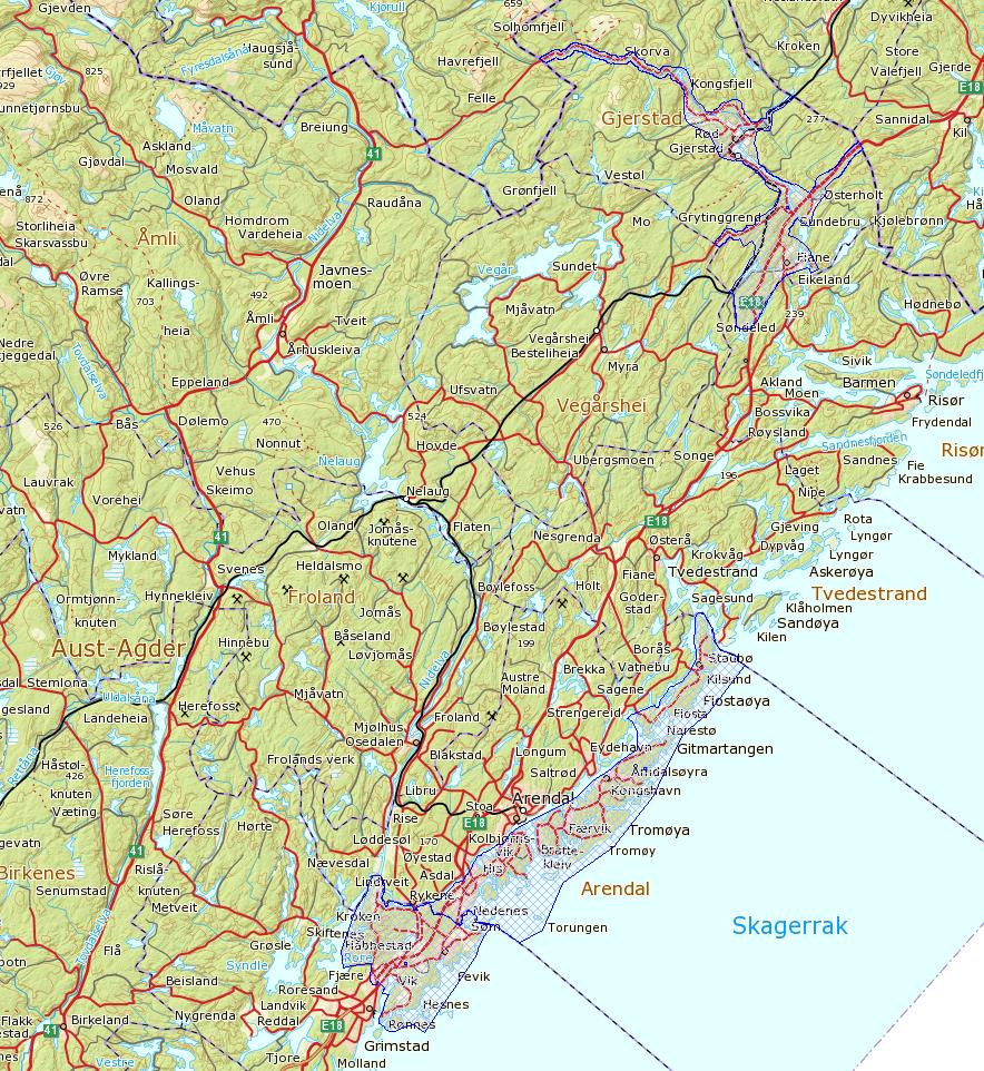 Aust-Agder FKB-B 2016 Det skal gjennomføres flyfotografering (GSD8), aerotriangulering, konstruksjon av FKB-B og produksjon av ortofoto10 for et samlet areal på 223,9 km 2