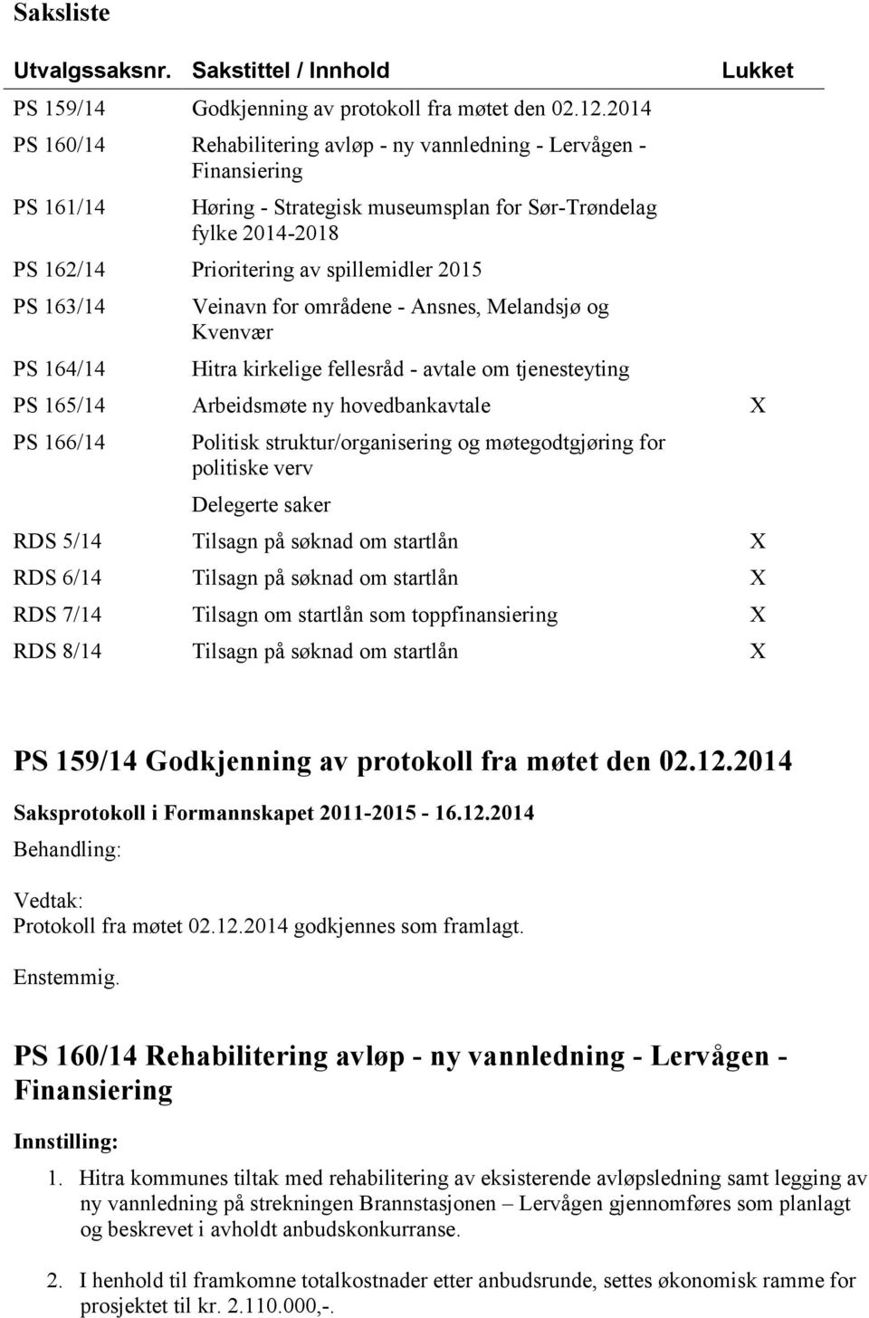 PS 163/14 PS 164/14 Veinavn for områdene - Ansnes, Melandsjø og Kvenvær Hitra kirkelige fellesråd - avtale om tjenesteyting PS 165/14 Arbeidsmøte ny hovedbankavtale X PS 166/14 Politisk