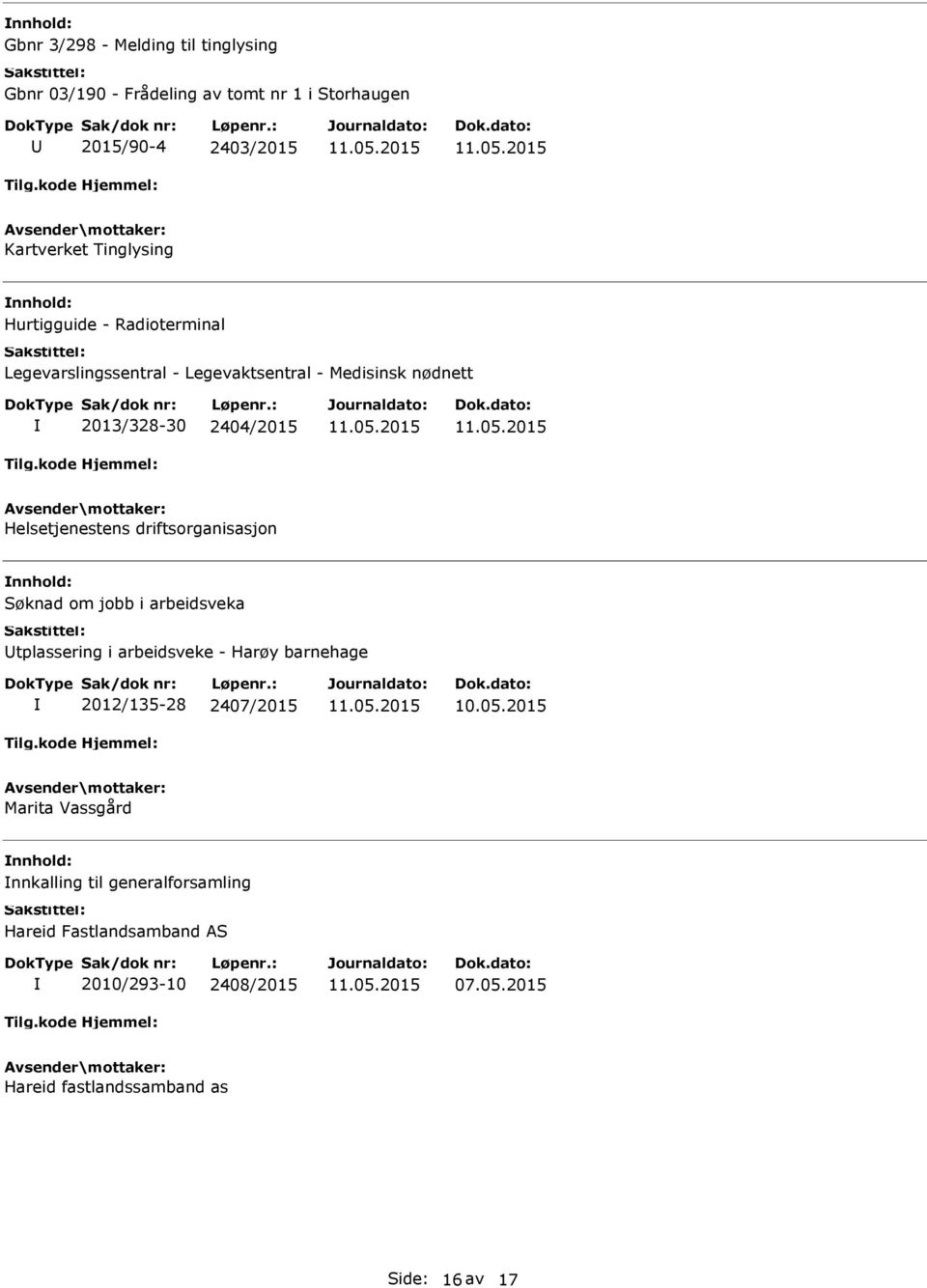 driftsorganisasjon Søknad om jobb i arbeidsveka tplassering i arbeidsveke - Harøy barnehage 2012/135-28 2407/2015 10.05.