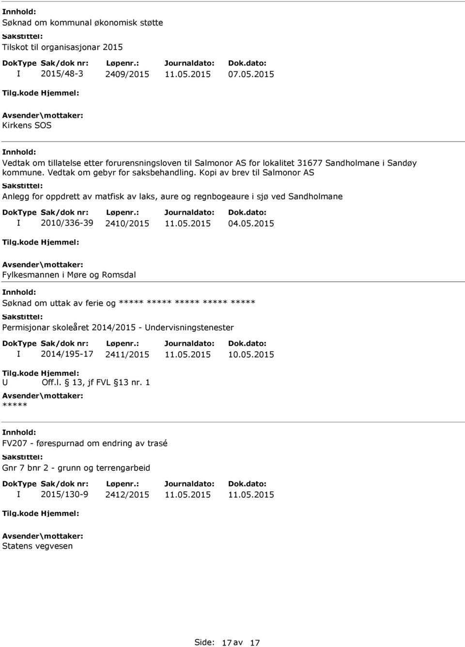 Kopi av brev til Salmonor AS Anlegg for oppdrett av matfisk av laks, aure og regnbogeaure i sjø ved Sandholmane 2010/336-39 2410/2015 04.05.