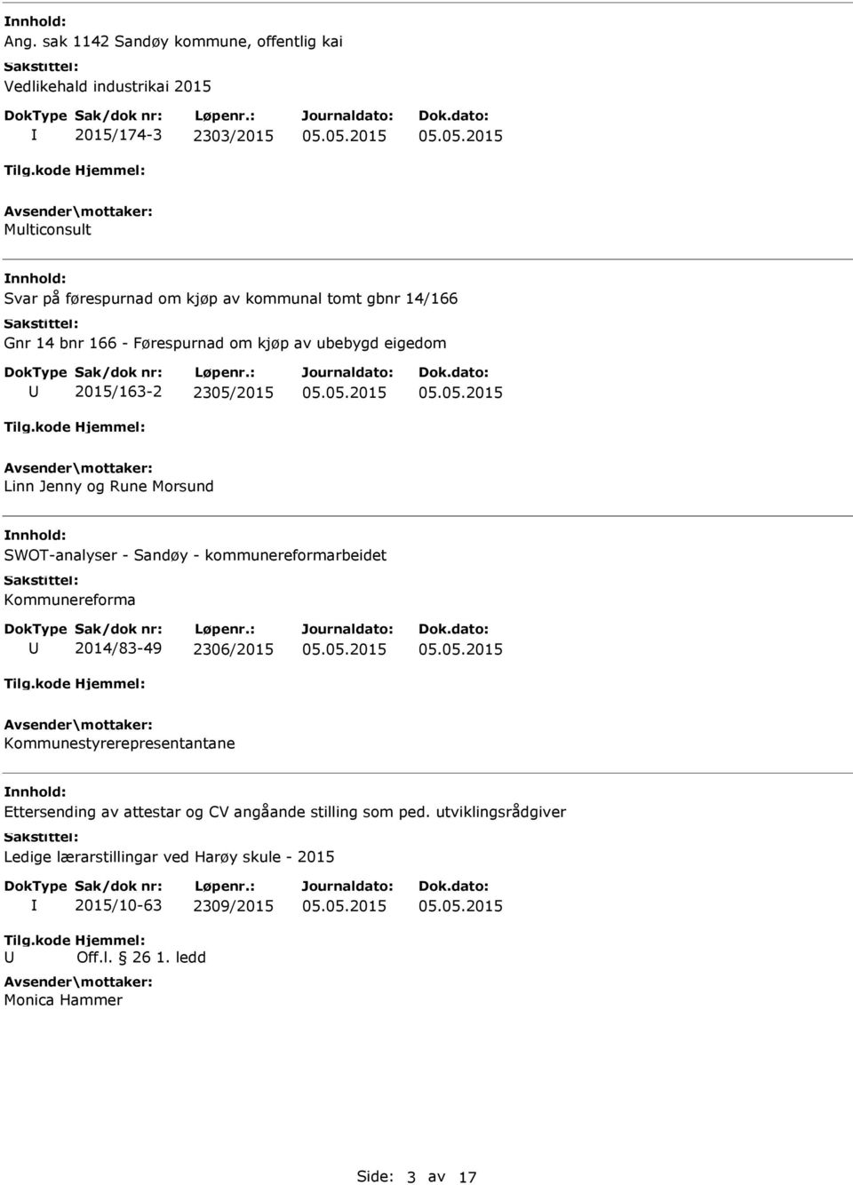 SWOT-analyser - Sandøy - kommunereformarbeidet Kommunereforma 2014/83-49 2306/2015 Kommunestyrerepresentantane Ettersending av attestar og CV