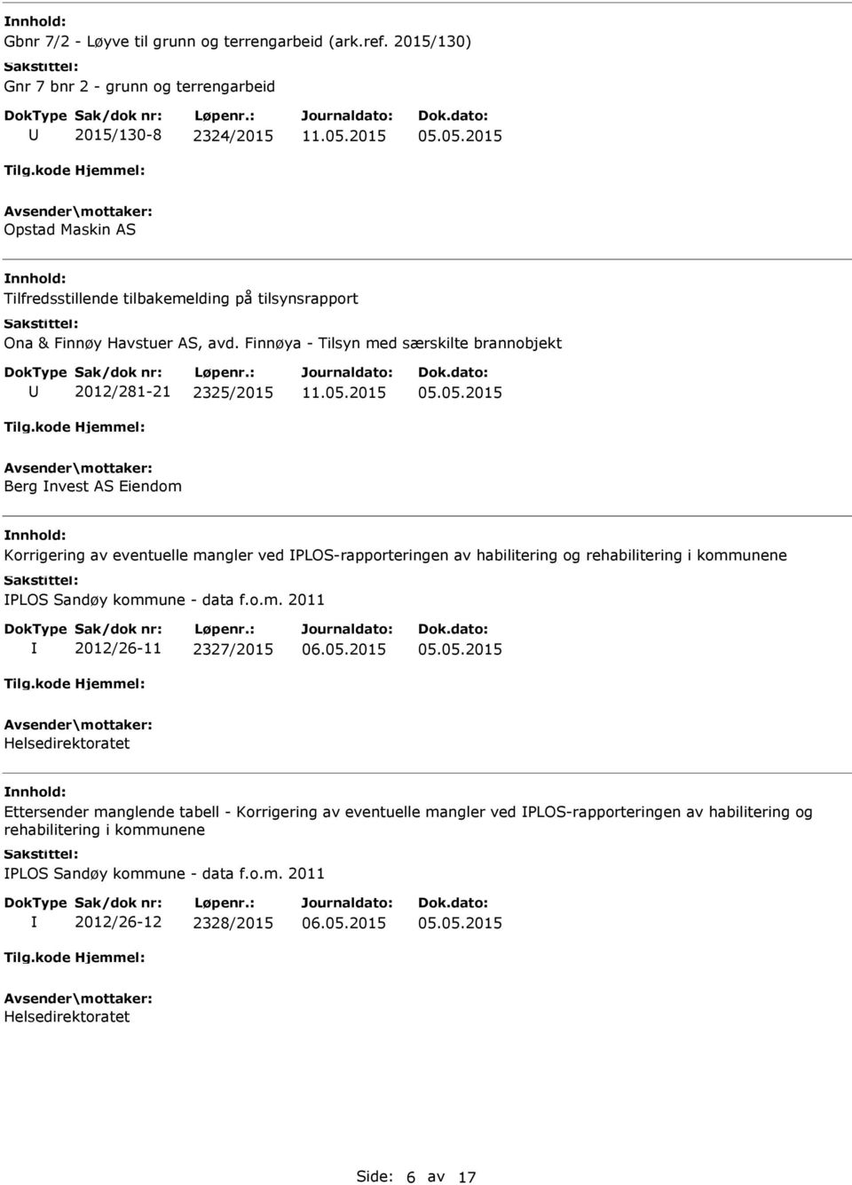 Finnøya - Tilsyn med særskilte brannobjekt 2012/281-21 2325/2015 Berg nvest AS Eiendom Korrigering av eventuelle mangler ved PLOS-rapporteringen av habilitering og rehabilitering