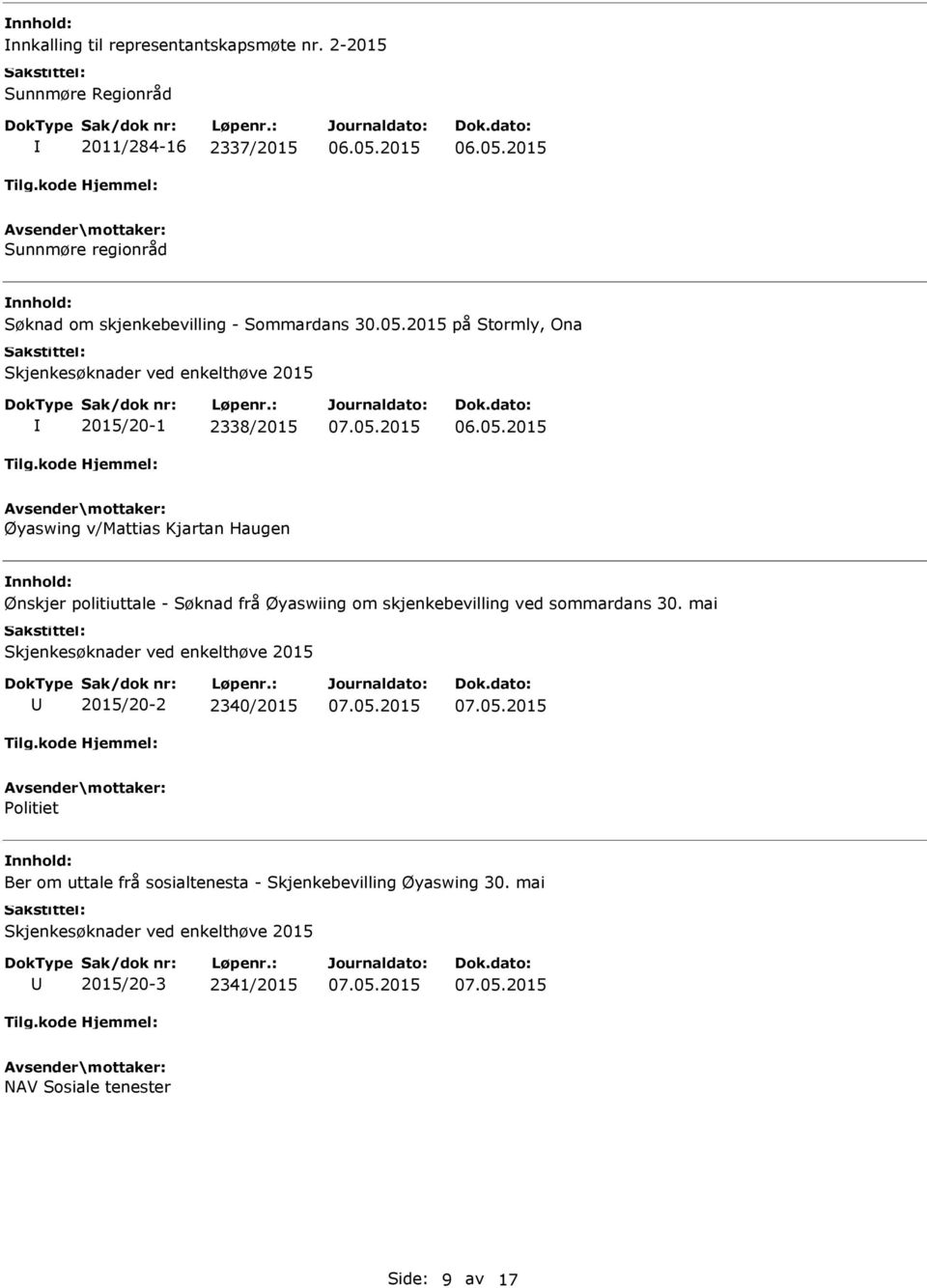 2015 på Stormly, Ona Skjenkesøknader ved enkelthøve 2015 2015/20-1 2338/2015 Øyaswing v/mattias Kjartan Haugen Ønskjer politiuttale - Søknad