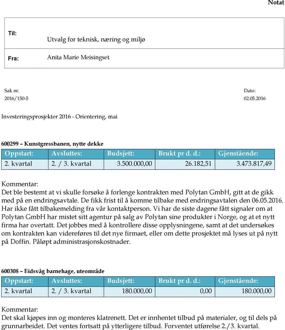 182,51 3.473.817,49 Kommentar: Det ble bestemt at vi skulle forsøke å forlenge kontrakten med Polytan GmbH, gitt at de gikk med på en endringsavtale.