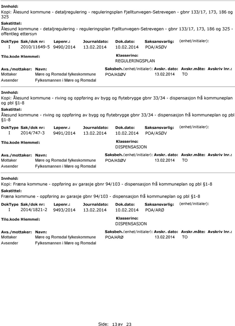 : Mottaker Møre og Romsdal fylkeskommune POA/ASØV TO Kopi: Ålesund kommune - riving og oppføring av bygg og flytebrygge gbnr 33/34 - dispensasjon frå kommuneplan og pbl 1-8 Ålesund kommune - riving